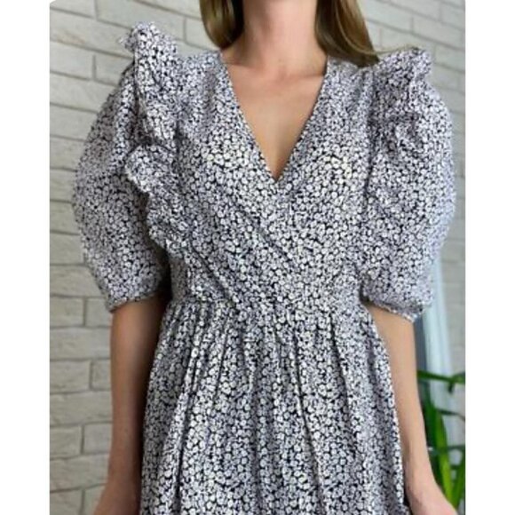 H&M Floral Puff Sleeve Dress with Ruffles, Sz M - Picture 4 of 15
